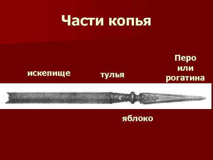 Части копья искепище тулья яблоко Перо или рогатина 