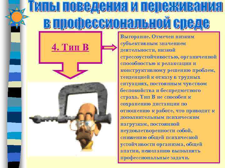   Выгорание. Отмечен низким  субъективным значением 4. Тип В  деятельности, низкой