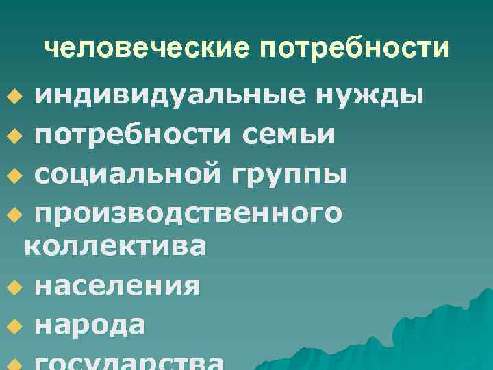   человеческие потребности u индивидуальные нужды u потребности семьи u социальной группы u