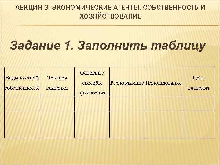  ЛЕКЦИЯ 3. ЭКОНОМИЧЕСКИЕ АГЕНТЫ. СОБСТВЕННОСТЬ И     ХОЗЯЙСТВОВАНИЕ Задание