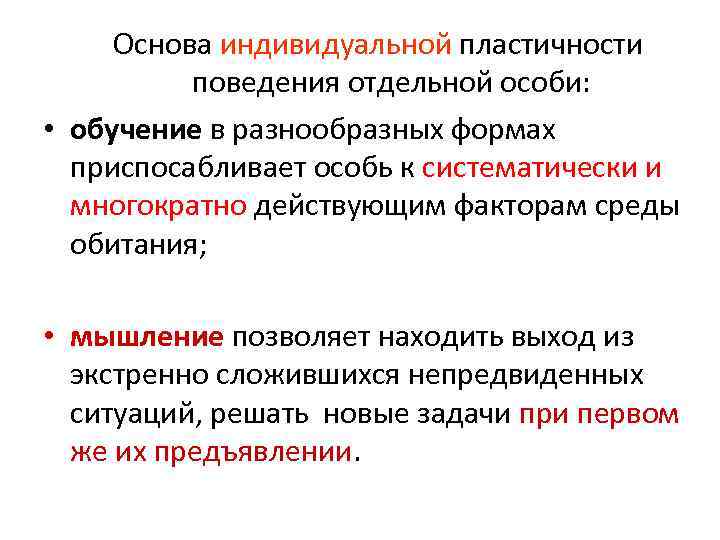 Основа индивидуальной пластичности поведения отдельной особи: • обучение в разнообразных формах приспосабливает особь к