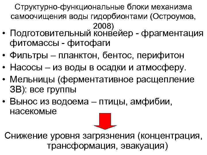 Структурно-функциональные блоки механизма самоочищения воды гидорбионтами (Остроумов, 2008) • Подготовительный конвейер - фрагментация фитомассы