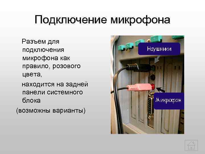  Подключение микрофона  Разъем для  подключения  микрофона как  правило, розового