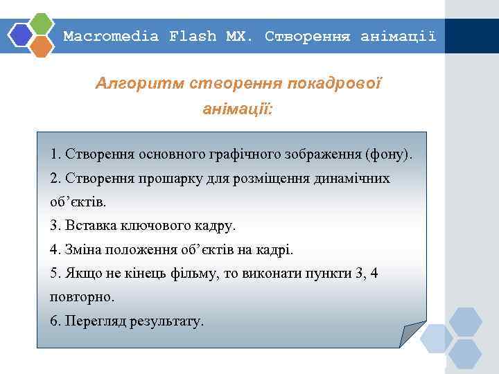  Macromedia Flash MX. Створення анімації   Алгоритм створення покадрової   