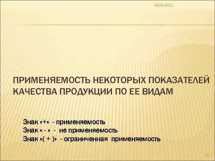08. 04. 2012 ПРИМЕНЯЕМОСТЬ НЕКОТОРЫХ ПОКАЗАТЕЛЕЙ КАЧЕСТВА ПРОДУКЦИИ ПО ЕЕ ВИДАМ Знак «+» -