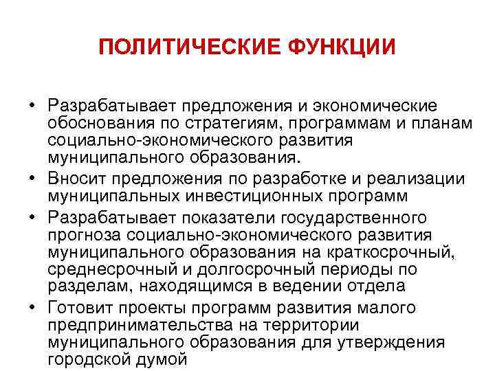   ПОЛИТИЧЕСКИЕ ФУНКЦИИ  • Разрабатывает предложения и экономические  обоснования по стратегиям,