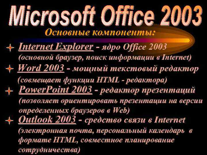  Основные компоненты: Internet Explorer - ядро Office 2003 (основной браузер, поиск информации в