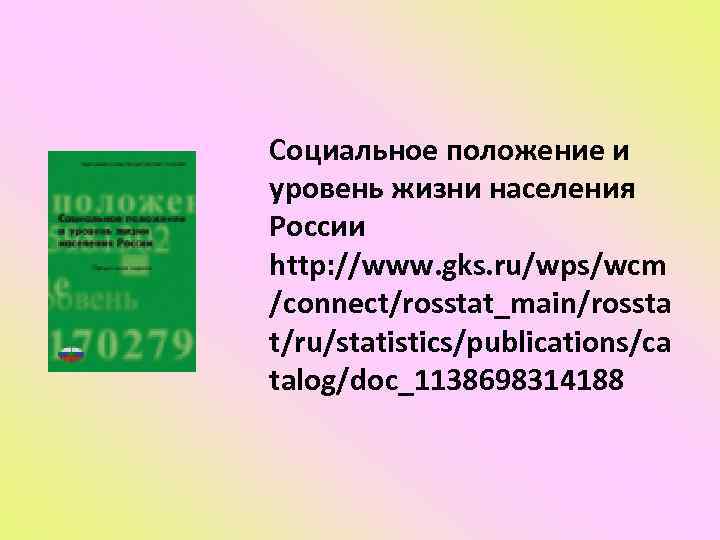 Социальное положение и уровень жизни населения России http: //www. gks. ru/wps/wcm /connect/rosstat_main/rossta t/ru/statistics/publications/ca talog/doc_1138698314188