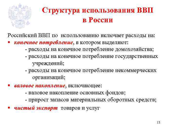 Структура использования ВВП в России Российский ВВП по использованию включает расходы на: § конечное