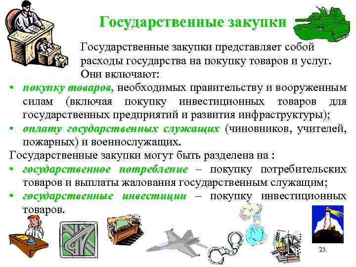 Государственные закупки представляет собой расходы государства на покупку товаров и услуг. Они включают: •