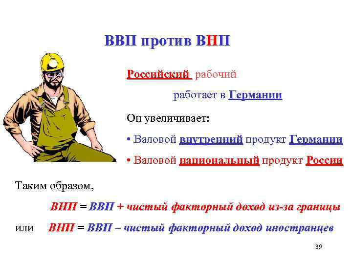 ВВП против ВНП Российский рабочий работает в Германии Он увеличивает: • Валовой внутренний продукт
