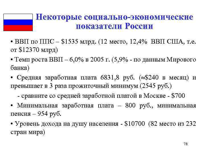 Некоторые социально-экономические показатели России • ВВП по ППС – $1535 млрд. (12 место, 12,
