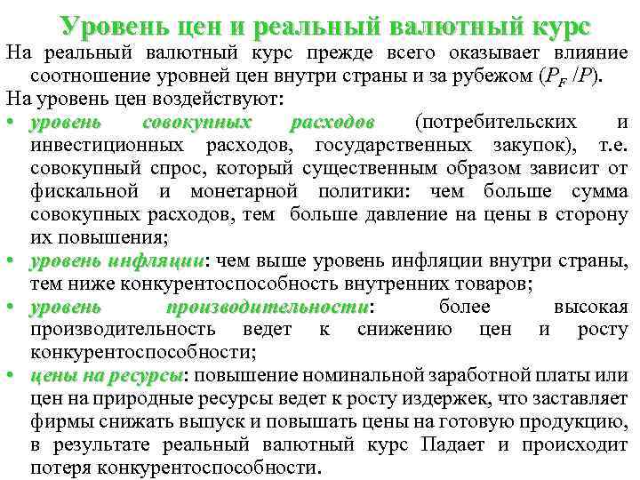 Уровень цен и реальный валютный курс На реальный валютный курс прежде всего оказывает влияние