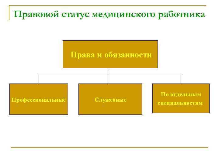 Правовой статус медицинского работника Права и обязанности Профессиональные Служебные По отдельным специальностям 