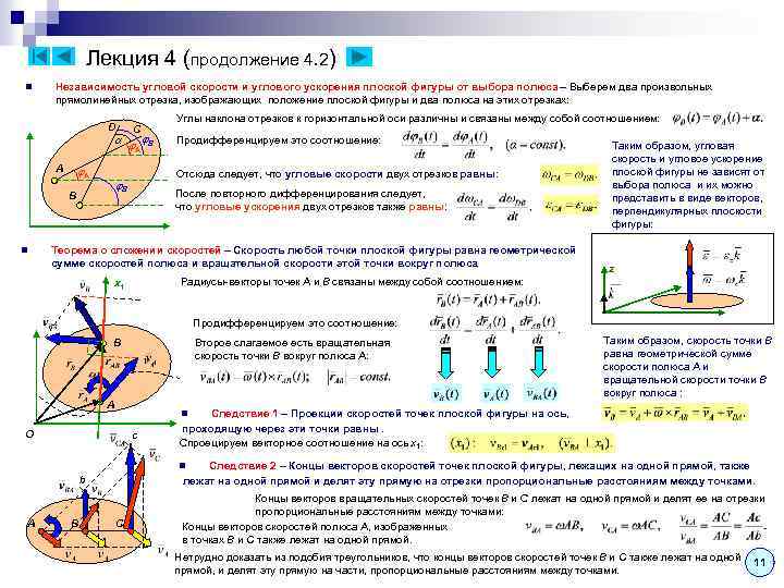 Лекция 4 (продолжение 4. 2) n Независимость угловой скорости и углового ускорения плоской фигуры
