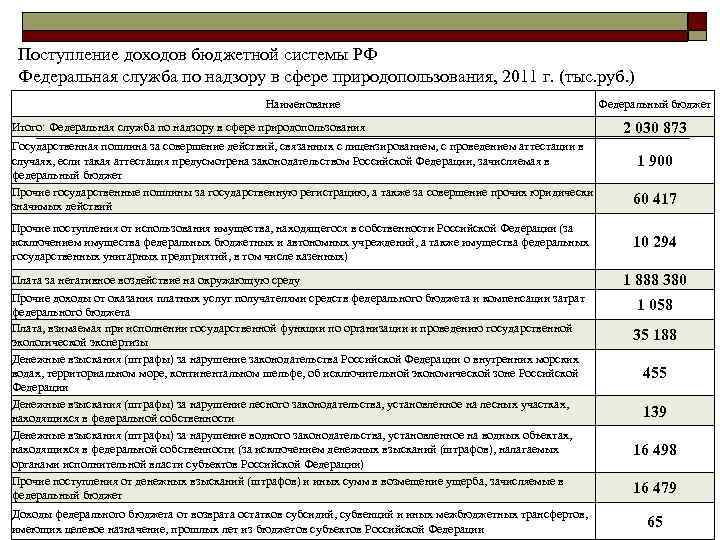  Поступление доходов бюджетной системы РФ Федеральная служба по надзору в сфере природопользования, 2011