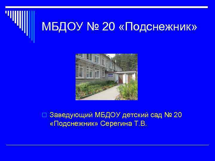 МБДОУ № 20 «Подснежник» o Заведующий МБДОУ детский сад № 20 «Подснежник» Серегина Т.