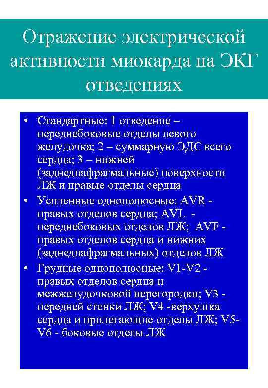 Отражение электрической активности миокарда на ЭКГ отведениях • Стандартные: 1 отведение – переднебоковые отделы