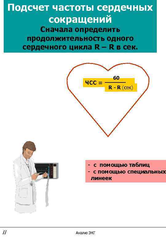 Подсчет частоты сердечных сокращений Сначала определить продолжительность одного сердечного цикла R – R в