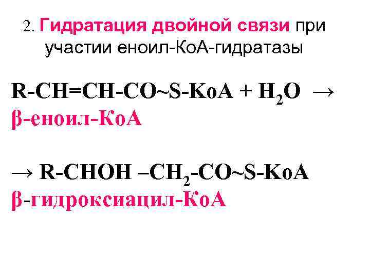 2. Гидратация двойной связи при участии еноил-Ко. А-гидратазы R-СН=СН-CO~S-Ko. A + Н 2 О