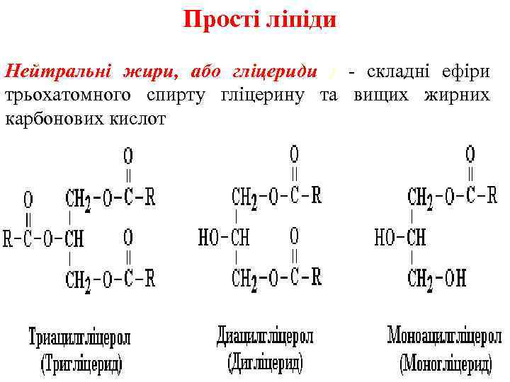 Прості ліпіди Нейтральні жири, або гліцериди ) - складні ефіри трьохатомного спирту гліцерину та