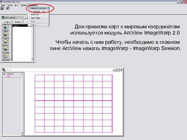 Для привязки карт к мировым координатам используется модуль Arc. View Image. Warp 2. 0