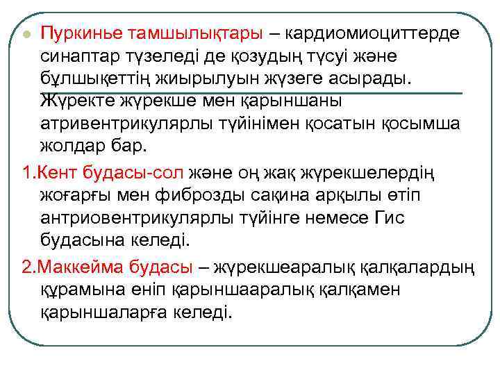 Пуркинье тамшылықтары – кардиомиоциттерде синаптар түзеледі де қозудың түсуі және бұлшықеттің жиырылуын жүзеге асырады.