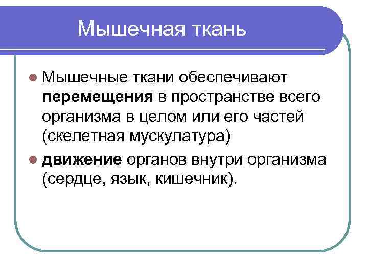  Мышечная ткань l Мышечные ткани обеспечивают перемещения в пространстве всего организма в целом