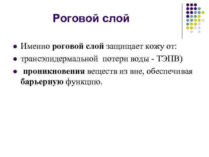 Роговой слой l l l Именно роговой слой защищает кожу от: трансэпидермальной потери воды