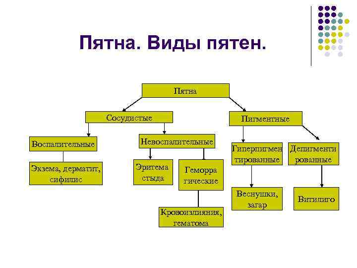 Пятна. Виды пятен. Пятна Сосудистые Воспалительные Экзема, дерматит, сифилис Пигментные Невоспалительные Эритема стыда Гиперпигмен