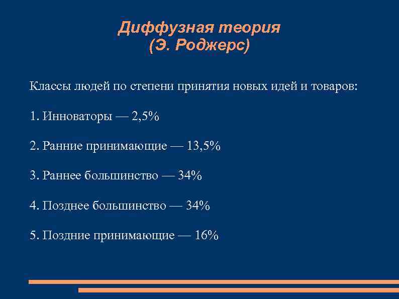 Диффузная теория (Э. Роджерс) Классы людей по степени принятия новых идей и товаров: 1.