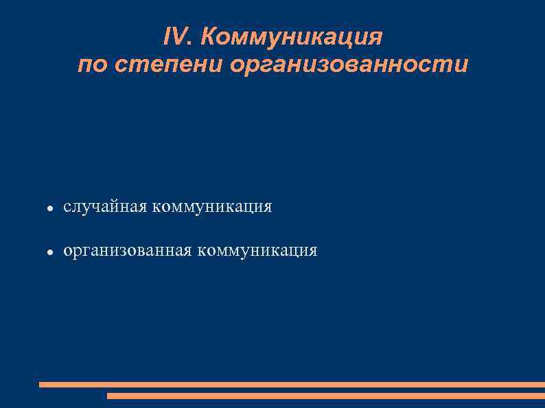 IV. Коммуникация по степени организованности случайная коммуникация организованная коммуникация 