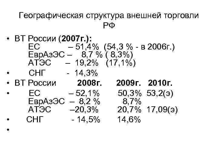 Географическая структура внешней торговли РФ • ВТ России (2007 г. ): ЕС – 51,