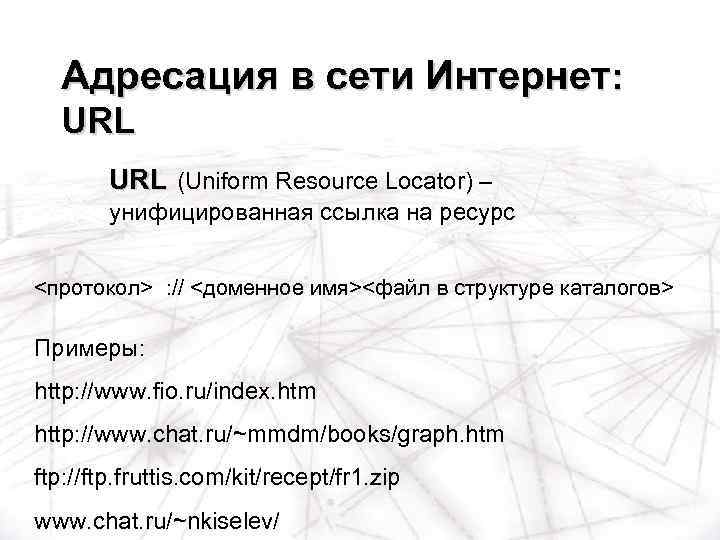 Адресация в сети Интернет: URL (Uniform Resource Locator) – унифицированная ссылка на ресурс <протокол>