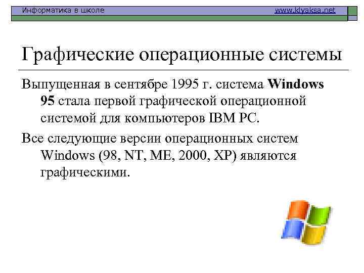 Информатика в школе www. klyaksa. net Графические операционные системы Выпущенная в сентябре 1995 г.