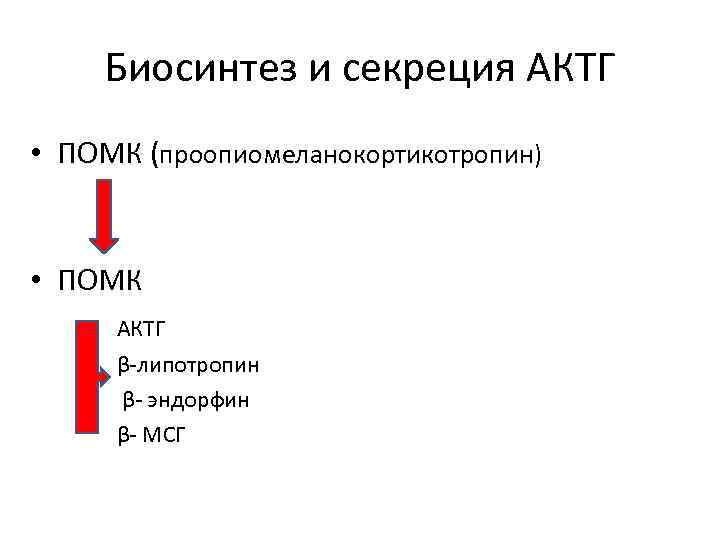 Биосинтез и секреция АКТГ • ПОМК (проопиомеланокортикотропин) • ПОМК АКТГ β-липотропин β- эндорфин β-