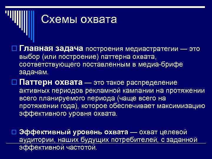 Схемы охвата o Главная задача построения медиастратегии — это выбор (или построение) паттерна охвата,