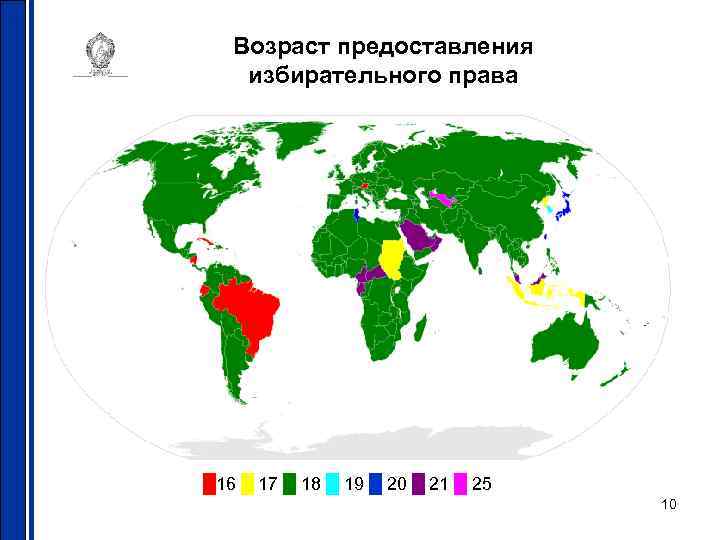 Возраст предоставления избирательного права █16 █ 17 █ 18 █ 19 █ 20 █