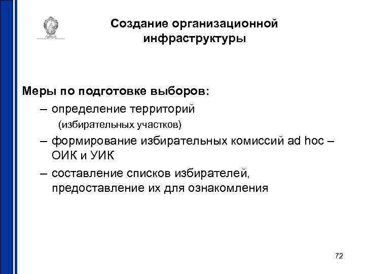 Создание организационной инфраструктуры Меры по подготовке выборов: – определение территорий (избирательных участков) – формирование