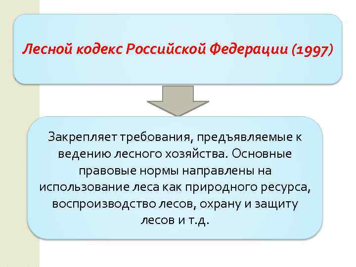 Лесной кодекс Российской Федерации (1997) Закрепляет требования, предъявляемые к ведению лесного хозяйства. Основные правовые