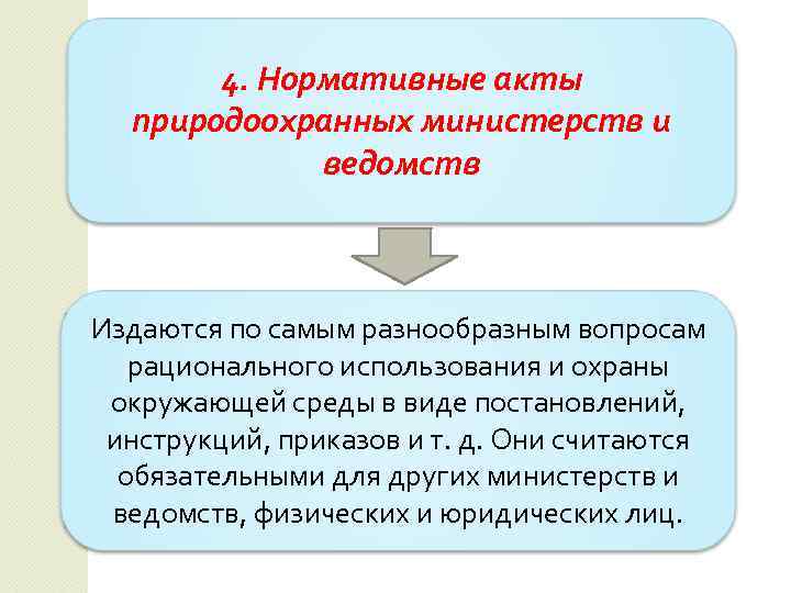 4. Нормативные акты природоохранных министерств и ведомств Издаются по самым разнообразным вопросам рационального использования