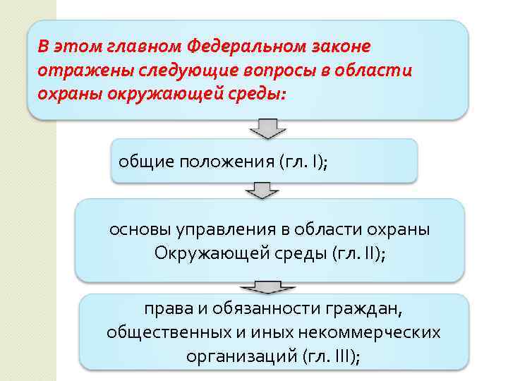 В этом главном Федеральном законе отражены следующие вопросы в области охраны окружающей среды: общие