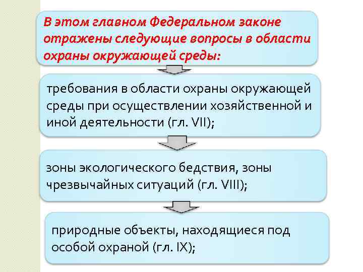 В этом главном Федеральном законе отражены следующие вопросы в области охраны окружающей среды: требования