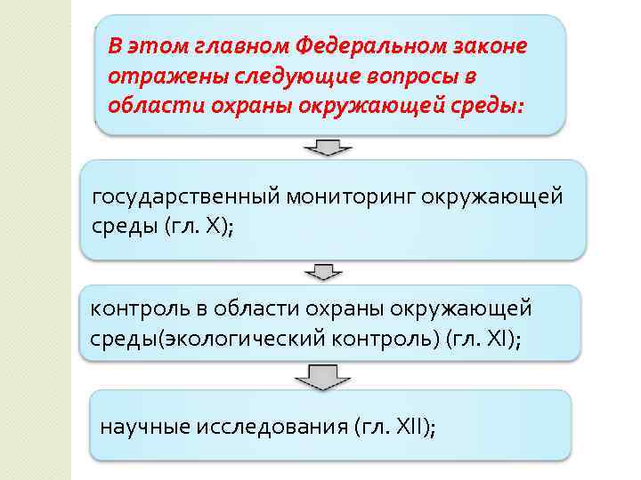 В этом главном Федеральном законе отражены следующие вопросы в области охраны окружающей среды: государственный