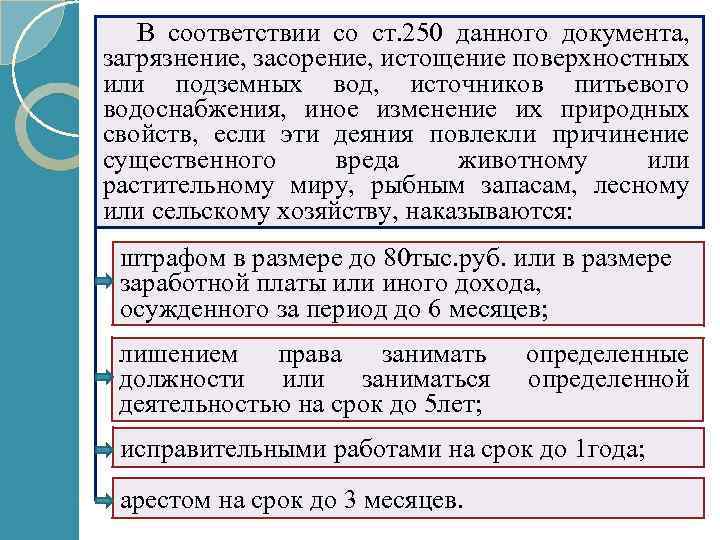 В соответствии со ст. 250 данного документа, загрязнение, засорение, истощение поверхностных или подземных вод,