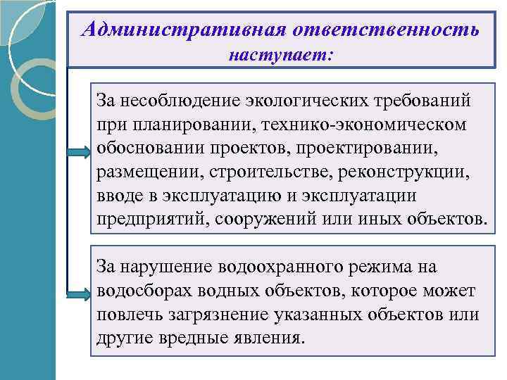Административная ответственность наступает: За несоблюдение экологических требований при планировании, технико-экономическом обосновании проектов, проектировании, размещении,