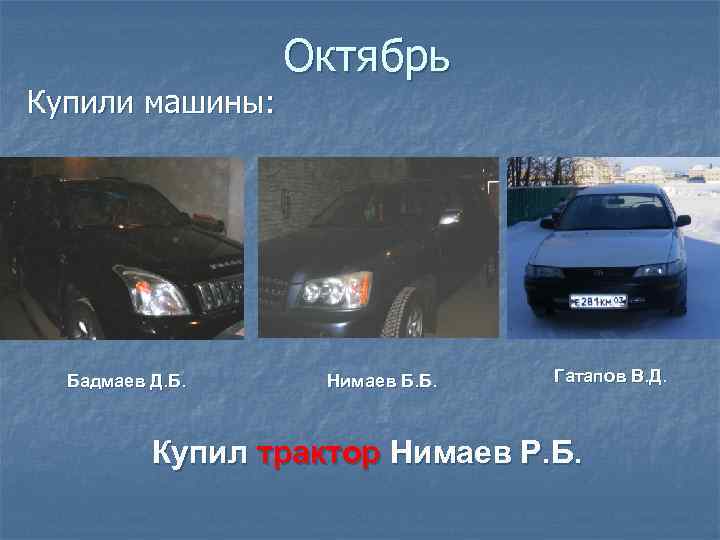 Купили машины: Бадмаев Д. Б. Октябрь Нимаев Б. Б. Гатапов В. Д. Купил трактор
