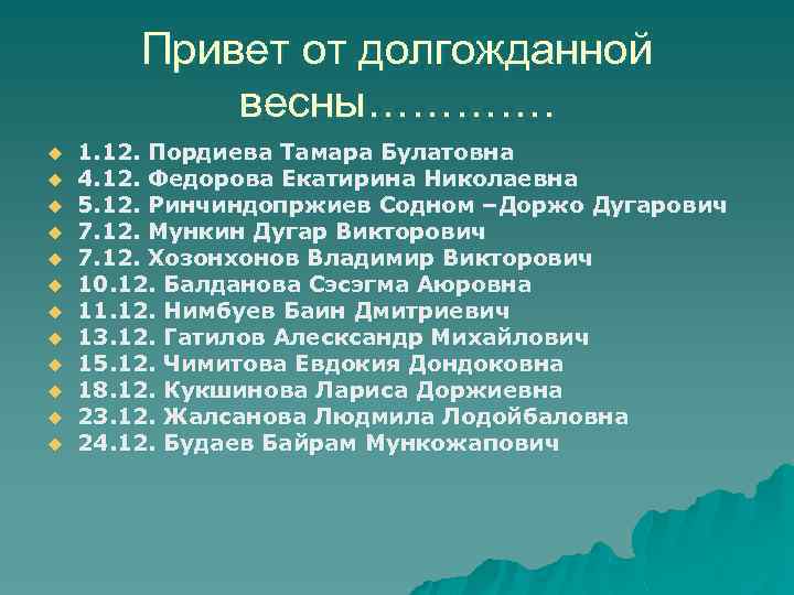 Привет от долгожданной весны…………. u u u 1. 12. Пордиева Тамара Булатовна 4. 12.