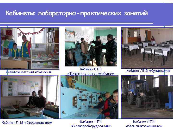 Кабинеты лабораторно-практических занятий Учебный магазин «Ученик » Кабинет ЛПЗ «Овощеводство» Кабинет ЛПЗ «Тракторы и