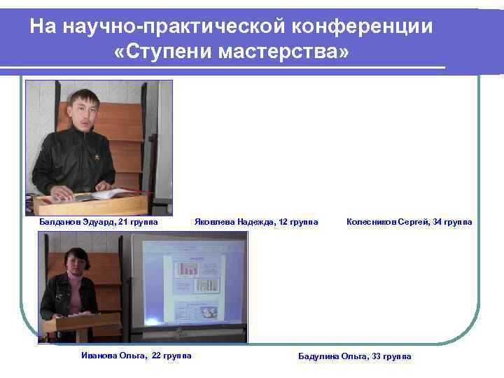 На научно-практической конференции «Ступени мастерства» Балданов Эдуард, 21 группа Иванова Ольга, 22 группа Яковлева